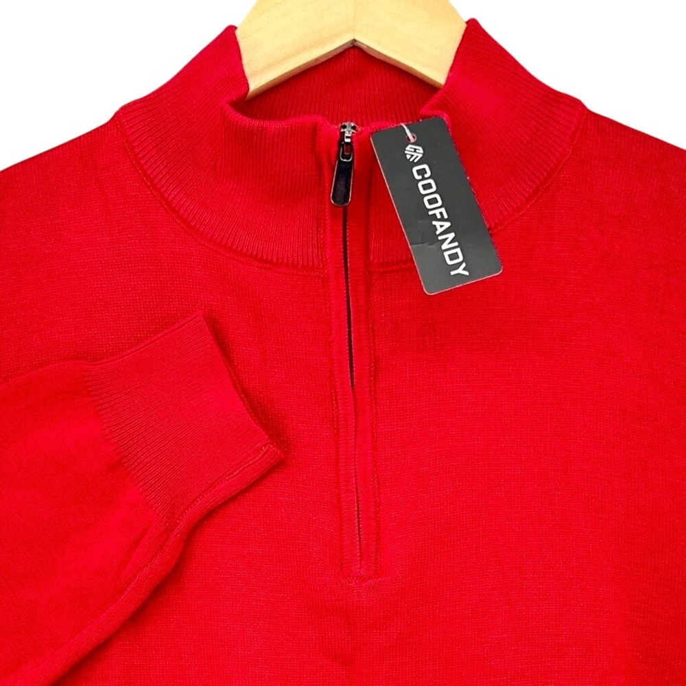 Coofandy Red Quarter Zip Pullover Sweater Mock Neck Viscose SZ S NWT NEW Preppy